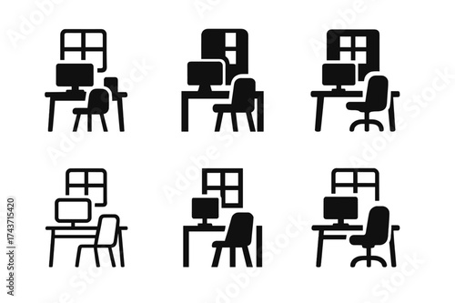 Creative Home Office Logos. Designing home office spaces for productivity. Set Logo of Interior design: home office layout icon. harmonious logo variations of