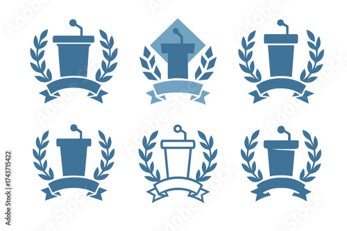 Citizenship Logo Designs. Citizenship applications. Set Logo of Citizenship applications: Citizenship ceremony podium with laurel / ribbon. harmonious logo