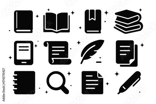 Books Icon Set. Books. Solid icons set of Books: closed book, open book, bookmark, stack of books, e-book reader, scroll, quill, page, notebook, magnifying