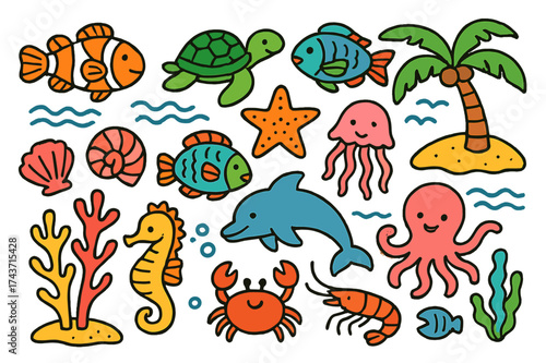 Tropical Sea Life. Tropical Sea. Colorful Hand-drawn doodle Children illustration Clownfish, turtle, parrotfish, coral, starfish, seashell, seahorse, crab,