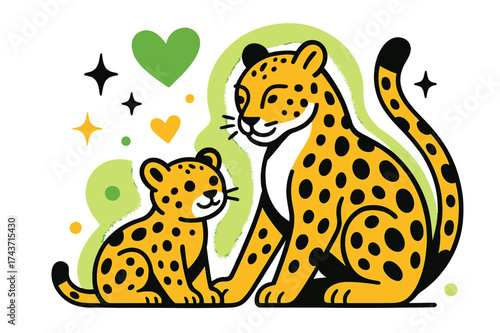 Leopard Love. Leopard with cub. A glowing mother leopard beside her cub, abstract floating hearts and stars symbolizing protection and affection. Modern