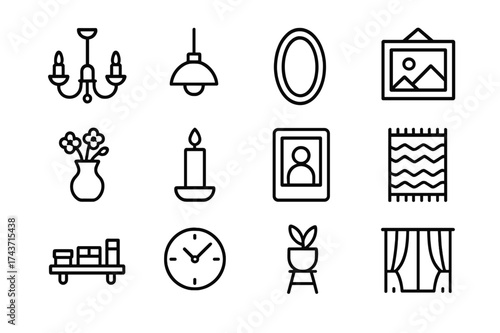 Salon Decor Icons. Salon decor. Line icon set of Salon decor: chandelier, pendant light, mirror, wall art, vase with flowers, candle, framed photo, rug, shelf,