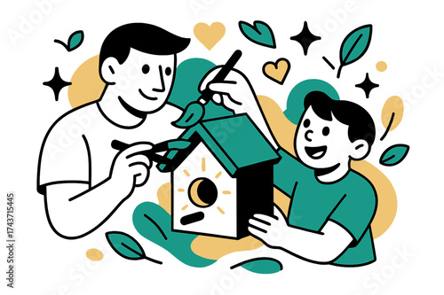 Painting Together Moment. Family project. A parent and child painting a glowing birdhouse together, abstract floating hearts, leaves, and stars symbolizing