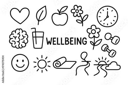 Wellbeing Symbols Doodle. Wellbeing. Hand-drawn doodle illustration wellbeing heart, leaf, apple, water glass, flower, dumbbell, yoga mat, brain, sun, moon,