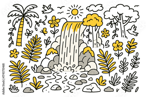 Tropical Waterfall Doodle. Rainforest Falls. Hand-drawn doodle illustration rainforest falls waterfall (accented), lush trees, ferns (accented), vines,