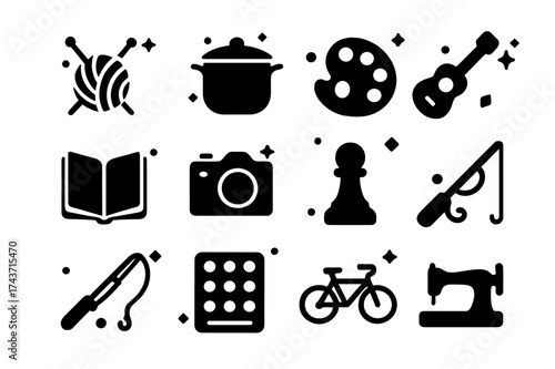 Hobbies Icons Grid. Hobbies. Solid icons set of Hobbies: knitting needles with yarn ball, cooking pot, paint palette, guitar, book, camera, chess piece,