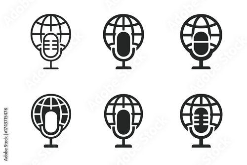 Journalism Logo Designs. International journalism. Set Logo of International journalism: Globe with microphone. harmonious logo variations of the