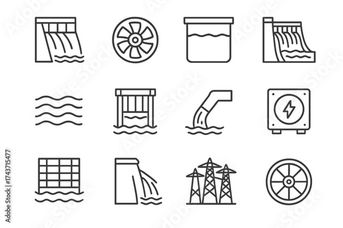 Hydropower Icon Set. Hydropower. Line icon set of Hydropower: dam, water turbine, reservoir, hydroelectric plant, water flow, sluice gate, penstock, generator,