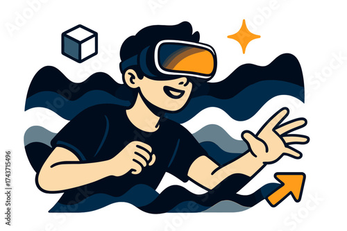 VR Gamer Immersion. Immersive play. Gamer glowing with VR headset, surrounded by digital landscapes. Floating icons of cube, sparkle, and arrow showing
