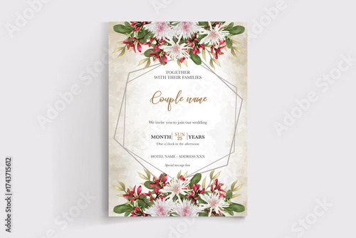WEDDING INVITATION FRAME WITH FLOWER DECORATIONS AND FRESH LEAVES