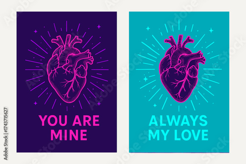 Passionate Neon Banners. Passion. Two vertical A6 banners, modern, neon purple and cyan backgrounds, beating heart with radiant lines and small constellations,