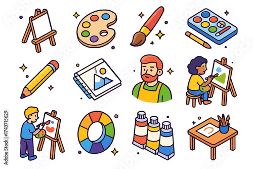 Art Class Icons. Art Classes. Colorful isometric vector icons set of Art Classes with students painting and drawing: easel, paint palette,