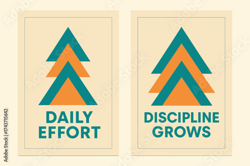 Geometric Motivation Banners. Determination. Two vertical A6 banners with safe margins, centered composition, no elements touching edges, geometric style,