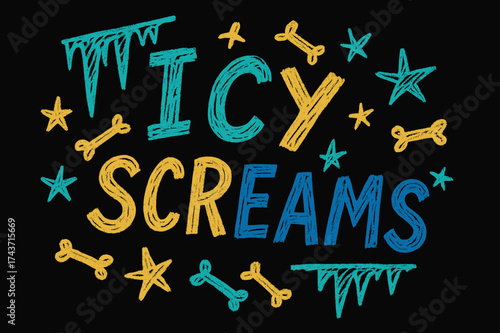 Playful Icy Doodles. Icy Screams ? Doodle / Sketch, playful rough hand-drawn strokes, tilted casual layout, doodle icicles, bones, and stars scattered,
