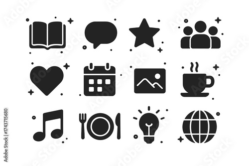 Storytelling Icon Set. Storytelling. Solid icons set of Storytelling: book, chat bubble, star, group of people, heart, calendar, photo frame, coffee cup, music