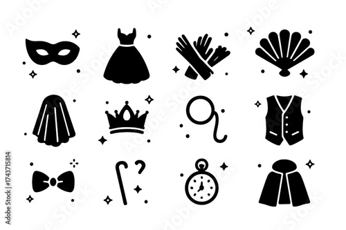 Masquerade Costume Icons. Masquerade costumes. Solid icons set of venetian mask, ball gown, opera gloves, feather fan, lace veil, tiara, monocle, waistcoat,