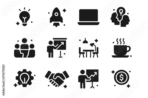 Startup Icons Grid. Startup Culture. Solid icons set of light bulb, rocket, laptop, brainstorming, team meeting, whiteboard, coworking desk, coffee cup,
