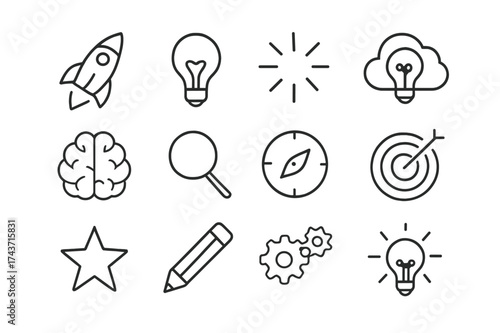 Innovation Icons Grid. Innovation and Inspiration. Line icon set of Innovation and Inspiration: rocket, light bulb, spark, idea cloud, brain, magnifying glass,