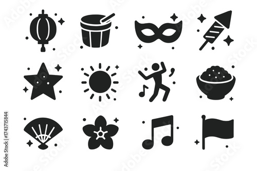 Festival Icons Collection. Festivals. Solid icons set of Festivals: lantern, drum, mask, firework, star, sun, dance figure, food bowl, fan, flower, music note,