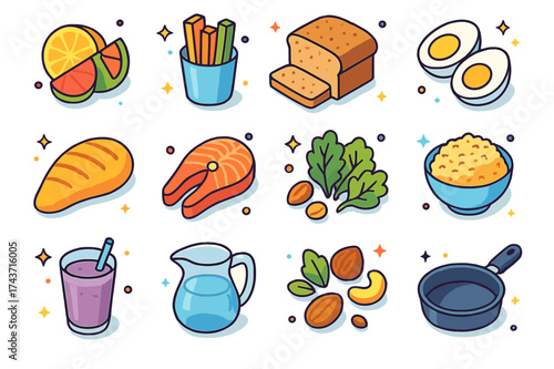 Colorful Balanced Diet Icons. Balanced diet. Colorful isometric vector icons set of balanced diet: fruit slices, vegetable sticks, whole grain bread, grilled