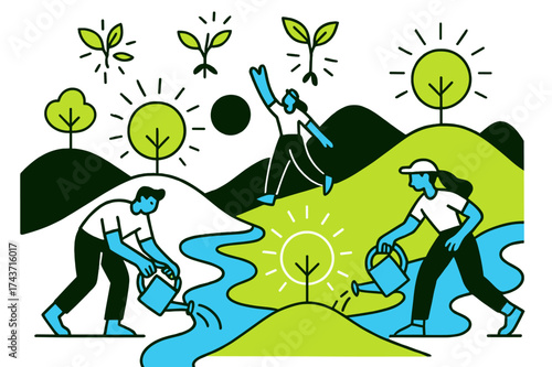 Glowing Reforestation Effort. Reforestation. Volunteers watering glowing trees on hillsides, abstract flowing
