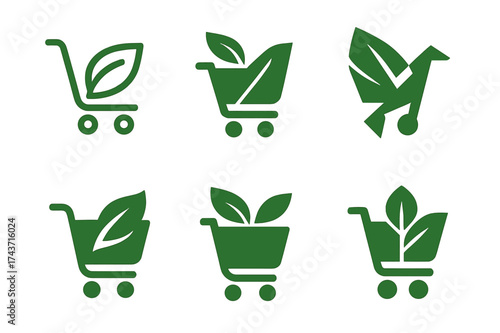 Eco Marketplace Logos. Trade in eco-friendly products and sustainable merchandise. Set Logo of green marketplace: stylized leaf combined with shopping cart.