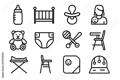 Child Care Icons. Child care. Line icon set of Child care: baby bottle, crib, pacifier, stroller, teddy bear, diaper, rattle, changing table, high chair, baby