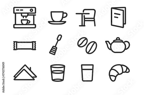 Cafe Icon Set. Cafe setup. Line icon set of cafe setup: coffee machine, espresso cup, table, chair, menu, sugar packet, milk frother, teapot, coffee beans,