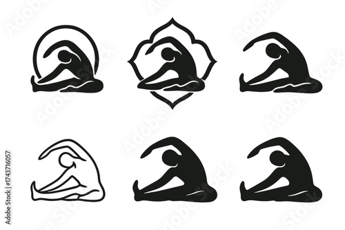 Yoga Stretch Logos. Letting go of stress from the day. Set Logo of yoga stretch: human silhouette in relaxed stretching posture. harmonious logo variations of