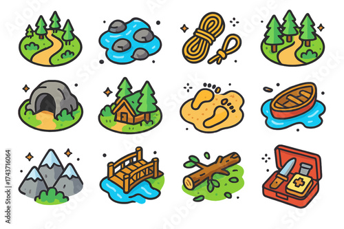 Outdoor Adventure Icons. Outdoor escape. Colorful isometric vector icons set of outdoor escape: hiking trail, river crossing, climbing rope, forest path, cave
