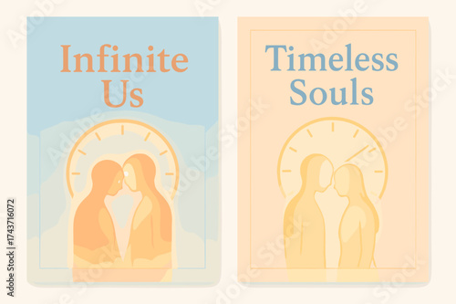Infinite Timeless Souls. Soulmates. Two vertical A6 banners with safe margins, centered composition, no elements touching edges, pastel style, sky blue and