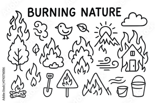 Nature Ablaze Doodles. Burning Nature. Hand-drawn doodle illustration Burning Nature flames, smoke, tree, bush, mountain, sun, cloud, bird, leaf, wind, house,