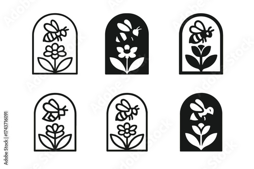 Garden Pollination Logos. Pollinators. Set Logo of Nature: garden pollination scene. harmonious logo variations of the same emblematic concept, each with