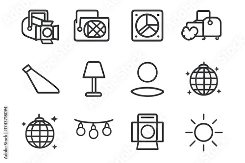 Lighting Effects Icons. Lighting and effects. Line icon set of lighting and effects: spotlight, strobe light, colored light, smoke machine, spotlight beam,