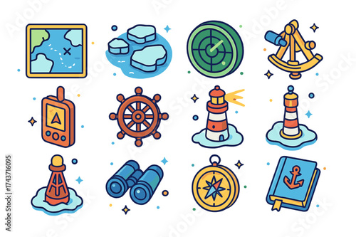Ice Navigation Icons. Ice Navigation. Colorful isometric vector icons set of Ice Navigation: nautical map, ice floes, radar screen, sextant, GPS device,