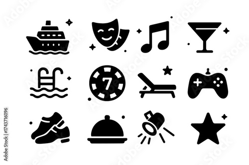 Onboard Entertainment Icons. Onboard entertainment. Solid icons set of Onboard entertainment: cruise ship, theater mask, music note, cocktail glass, swimming