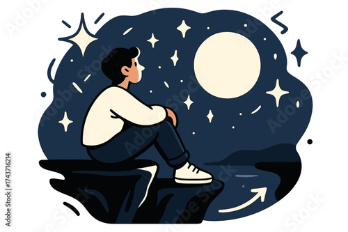 Moonlit Cliff Gaze. Night at the cliff. A person sitting on a cliff ledge, gazing at a glowing moon surrounded by abstract stars. Calmness and wonder dominate