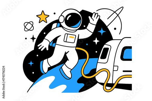 Astronaut in Spacewalk. Spacewalk mission. An astronaut floating outside a spacecraft, tether glowing while Earth curves in the background. Abstract stars and