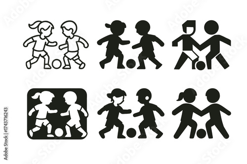 Soccer Kids Logo Variations. Children playing sports or engaging in physical activities. Set Logo of soccer kids: two children kicking a ball. harmonious logo