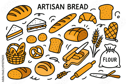 Artisan Bread Doodles. Artisan Bread. Hand-drawn doodle illustration artisan bread bread loaf (accented), baguette, croissant, slice of bread (accented),