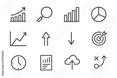 Business Trend Icons. Business trend forecasting. Line icon set of Business trend forecasting: growth chart, magnifying glass, bar chart, pie chart, line