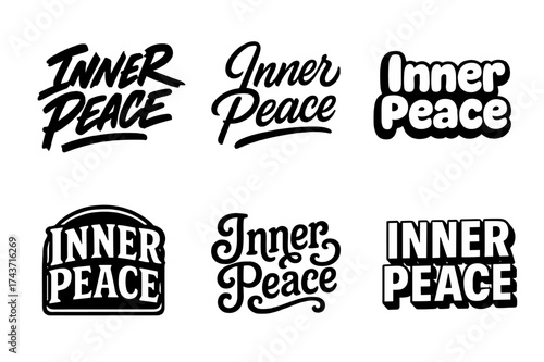 Typographic Inner Peace. Inner Peace. Set lettering. harmonious lettering variations of the same emblematic concept (Dynamic brushstroke graffiti lettering,
