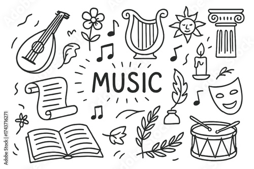 Musical Symbol Doodles. Music. Hand-drawn doodle illustration music lute, harp, scroll, notes, mask, column, candle, sun, book, quill, rays of light, laurel
