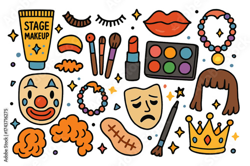 Theater Makeup Icons. Theater makeup. Colorful Hand-drawn doodle Children illustration Stage makeup, face paint, false eyelashes, dramatic lipstick, makeup