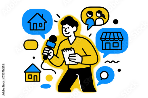Hyperlocal News Scene. Hyperlocal news. A glowing reporter with notepad and microphone, abstract floating houses, shops, and speech bubbles showing community