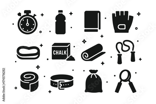 Workout Essentials Icons. Workout Accessories. Solid icons set of Workout Accessories: Timer, Water Bottle, Towel, Gloves, Resistance Band, Chalk, Mat, Jump