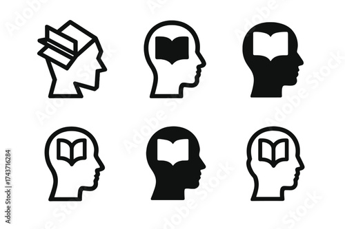 Creative Mind Logos. Literature and writing sections for creative minds. Set Logo of creative mind: human head with book-shaped thoughts. harmonious logo