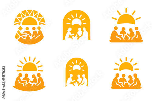 Sunny Picnic Logos. A group of friends having a picnic in a park, enjoying nature and food. Set Logo of sunny picnic: sun shining over group sitting outdoors.