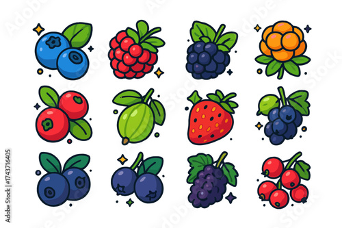 Colorful Berry Icons. Wild berries. Colorful isometric vector icons set of wild berries: blueberry, raspberry, blackberry, cloudberry, lingonberry, elderberry,