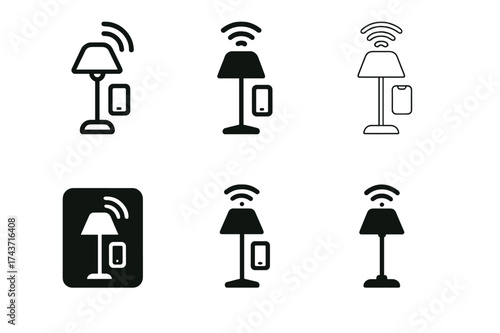 Cozy Lamp Logos. Creating a cozy atmosphere with floor lamps. Set Logo of Creating a cozy atmosphere with floor lamps: Smart floor lamp with app. harmonious